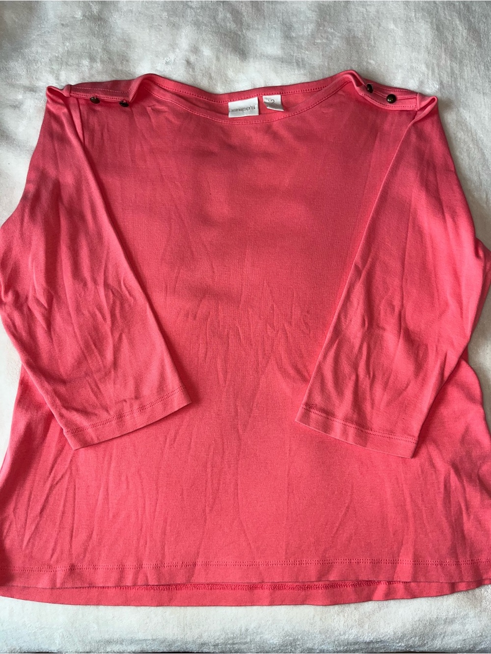 Chicos 3/4 Sleeve Coral Pink Boatneck Top with Shoulder Buttons Casual Size 2